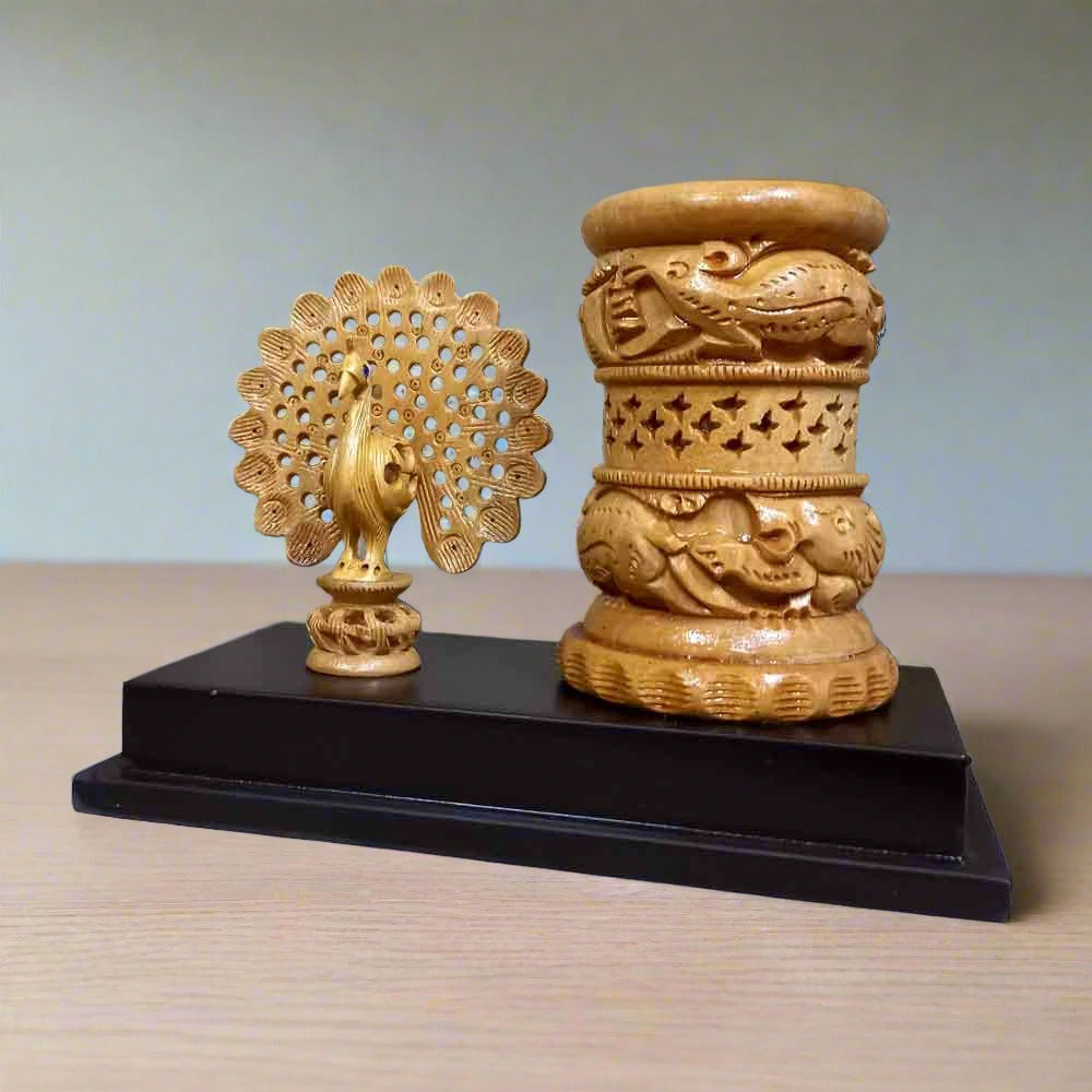 Elegant peacock design wooden pen holder, perfect for home or office desk décor