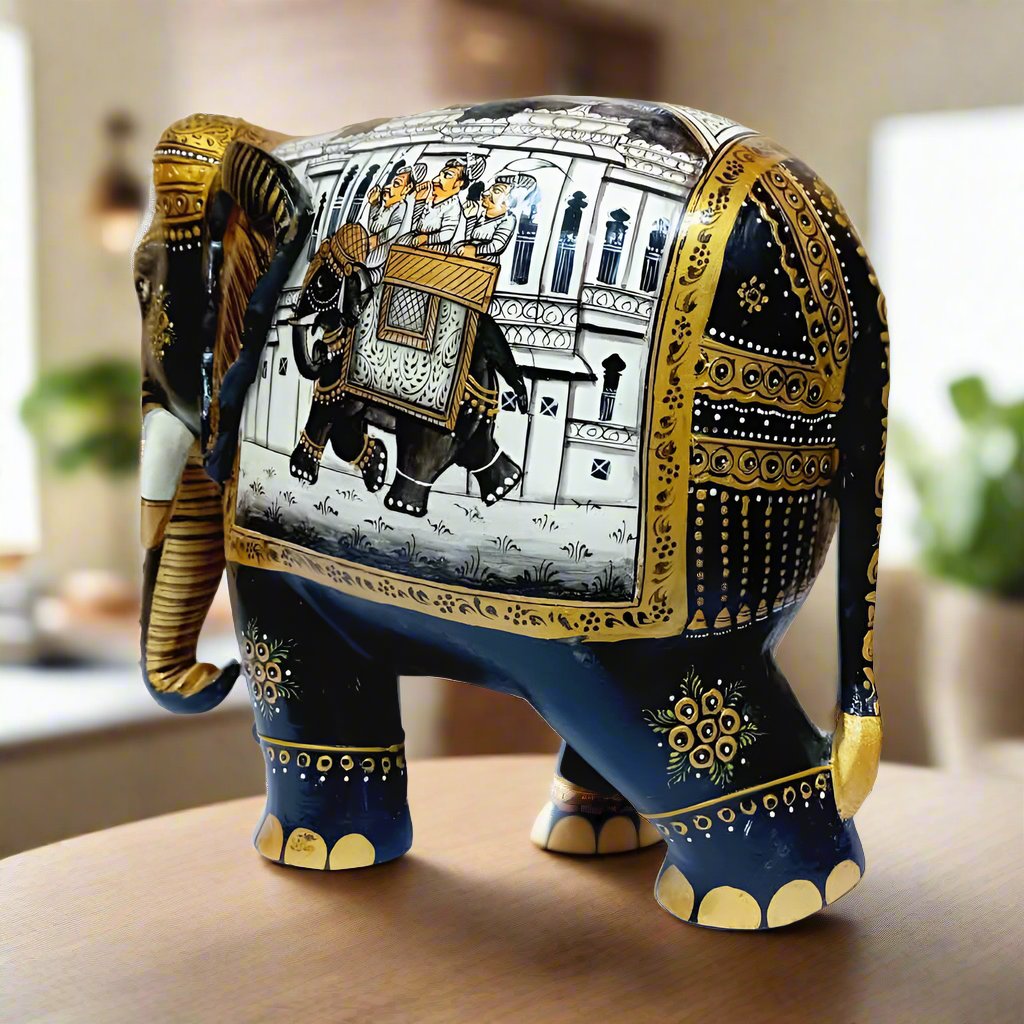 Traditional wooden elephant showpiece with hand-painted miniature artwork