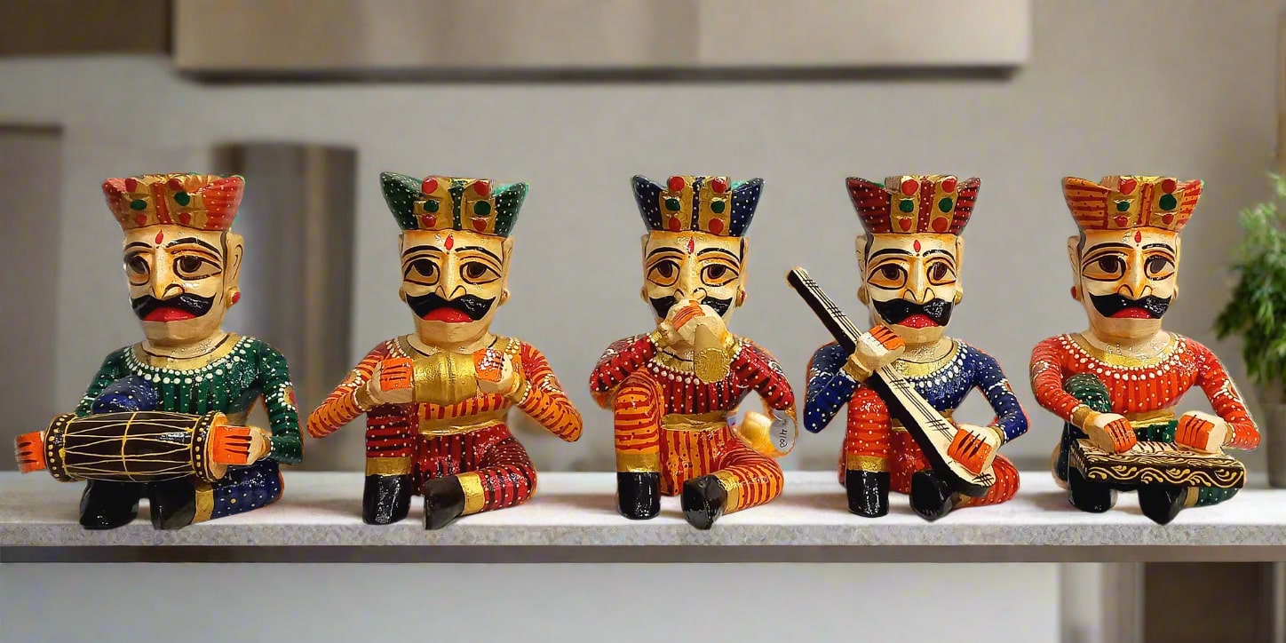 Handcrafted wooden Rajasthani musician figurines set of 5 playing traditional instruments