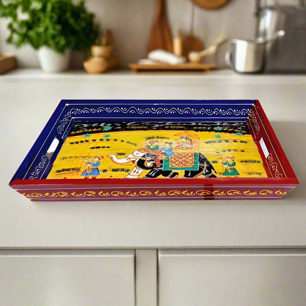 Colorful handcrafted wooden serving tray for home decor and dining