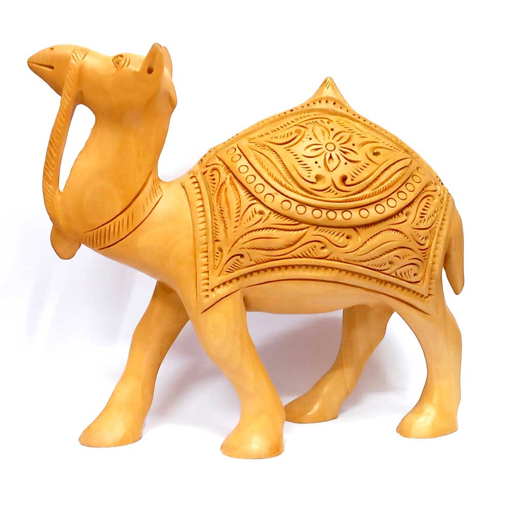 A wooden camel with exquisite and detailed carving, perfect for home decor.