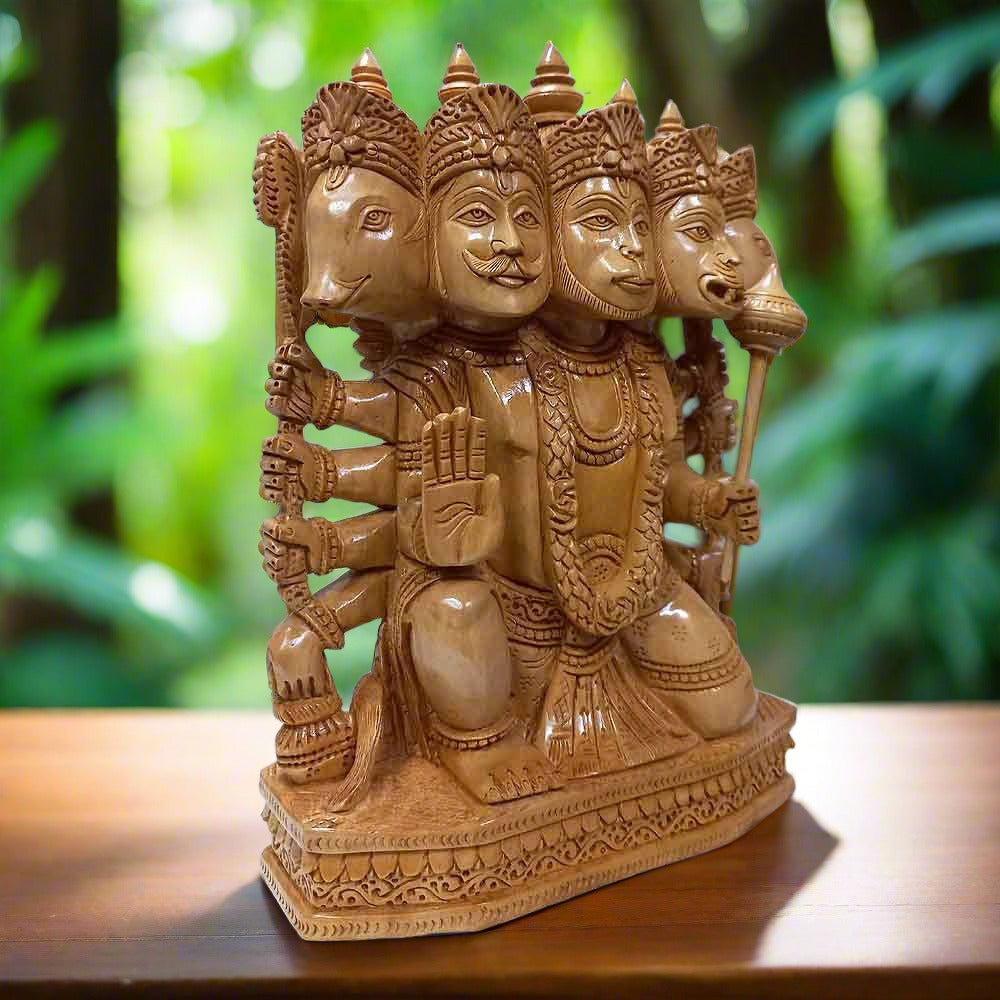 Spiritual wooden Hanuman idol depicting five aspects of divinity, handcrafted design