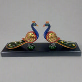 Hand-painted wooden double peacock statue with long tail design