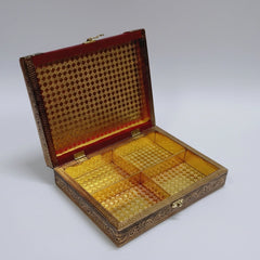 Interior view of the premium dry fruit box showing 4 equal wooden partitions for organized storage of nuts and sweets.