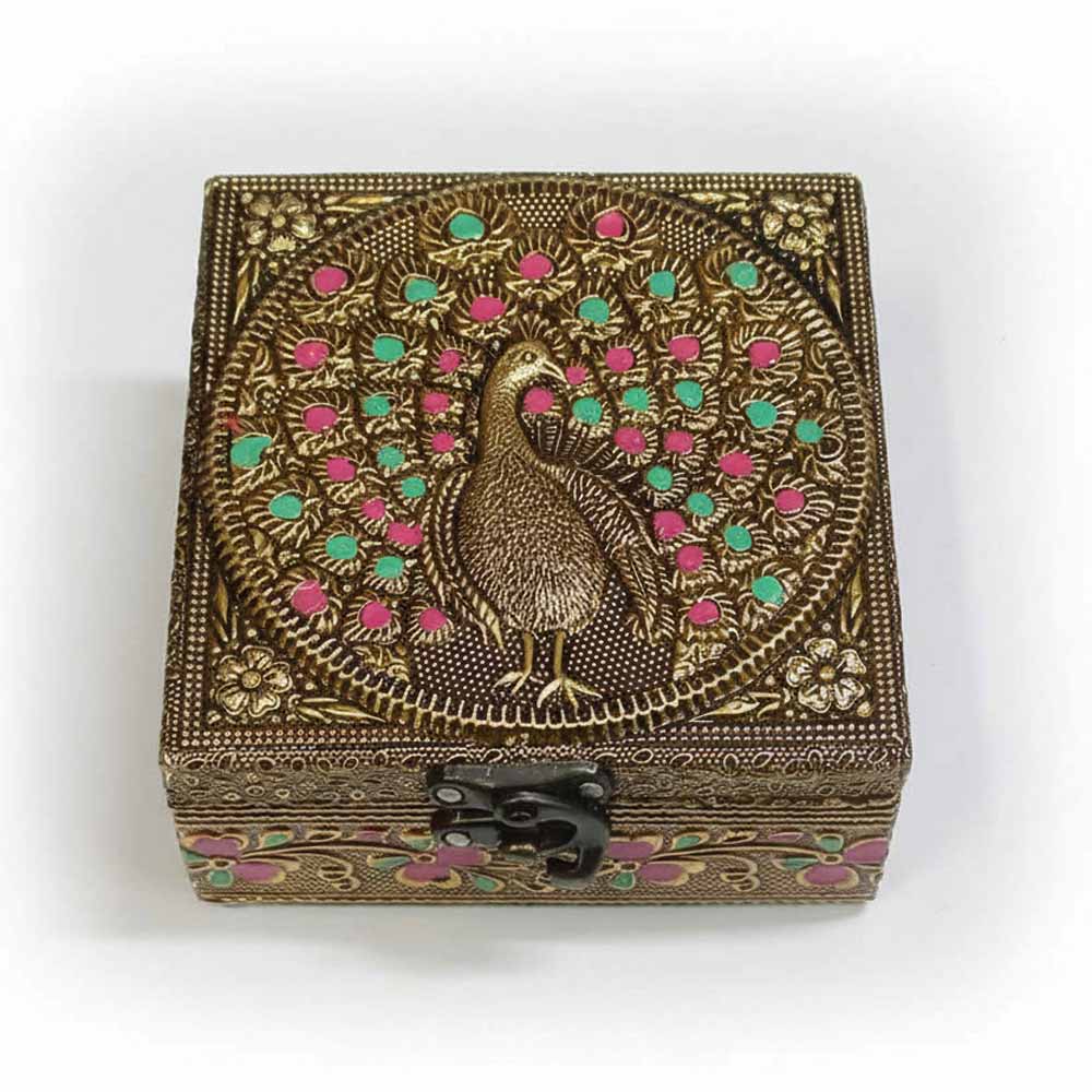 Vibrant handcrafted peacock design gift box symbolizing prosperity and grace.