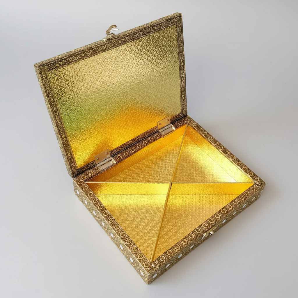 Elegant dry fruit box with 4 compartments and golden floral design