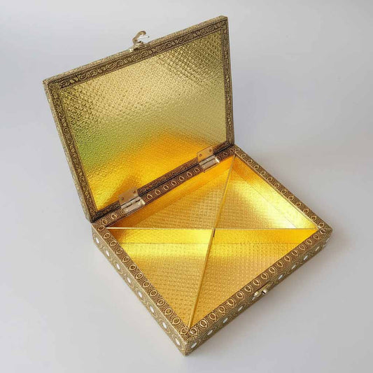 Elegant dry fruit box with 4 compartments and golden floral design