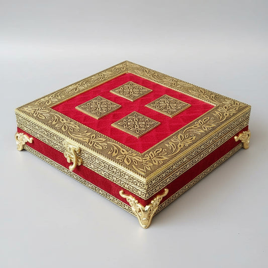 Elegant red velvet dry fruit box with floral metal design