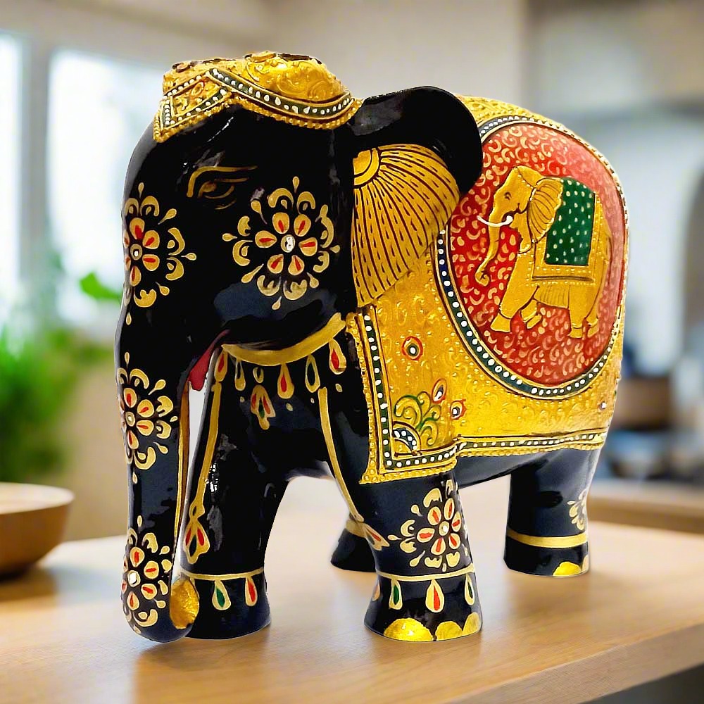An elegant wooden elephant sculpture that adds a touch of sophistication to any space.