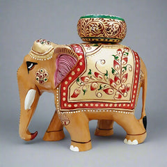 Handcrafted Wooden Elephant Tea Light Candle Holder with Floral Emboss Painting