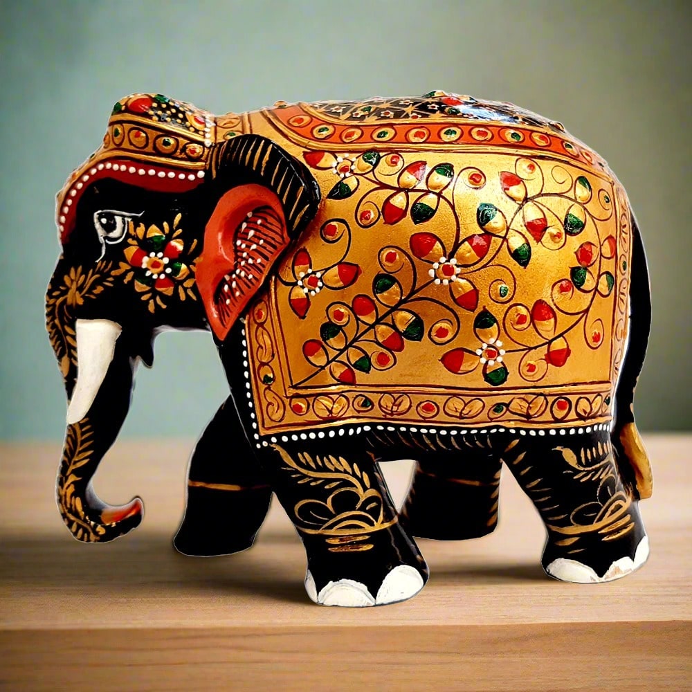 A fine workmanship wooden elephant showpiece with beautiful hand painting.