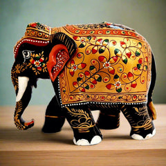 A fine workmanship wooden elephant showpiece with beautiful hand painting.