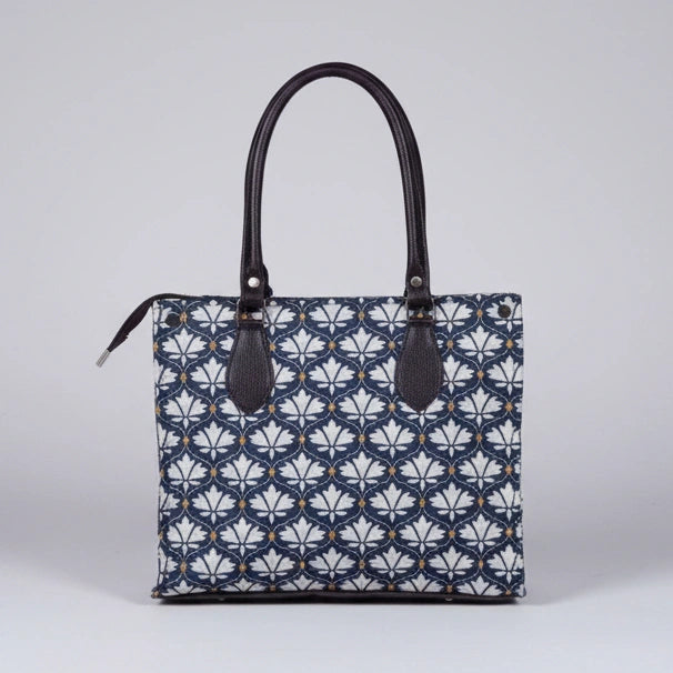 Premium floral print cotton handbag for women with strong PU leather handles.