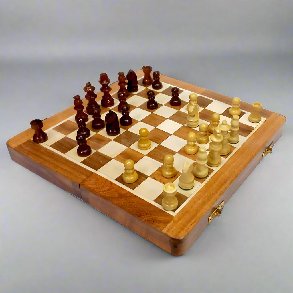 Classic wooden chess board with fine craftsmanship, perfect for casual and serious players.