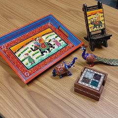 8-inch foldable wooden mobile stand and a 6-piece set of 4x4 inch gemstone work coasters for office desk decor.