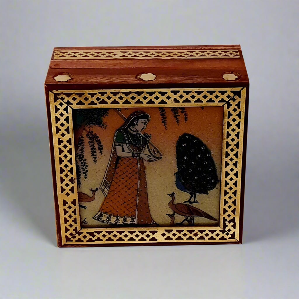 Wooden jewelry box decorated with hand-crafted gemstone painting and pure brass edging.
