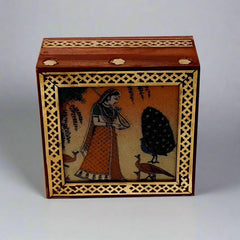Wooden jewelry box decorated with hand-crafted gemstone painting and pure brass edging.