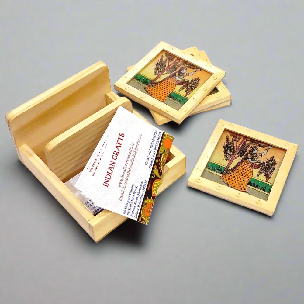 Wooden coaster stand and visiting card holder decorated with gemstone painting