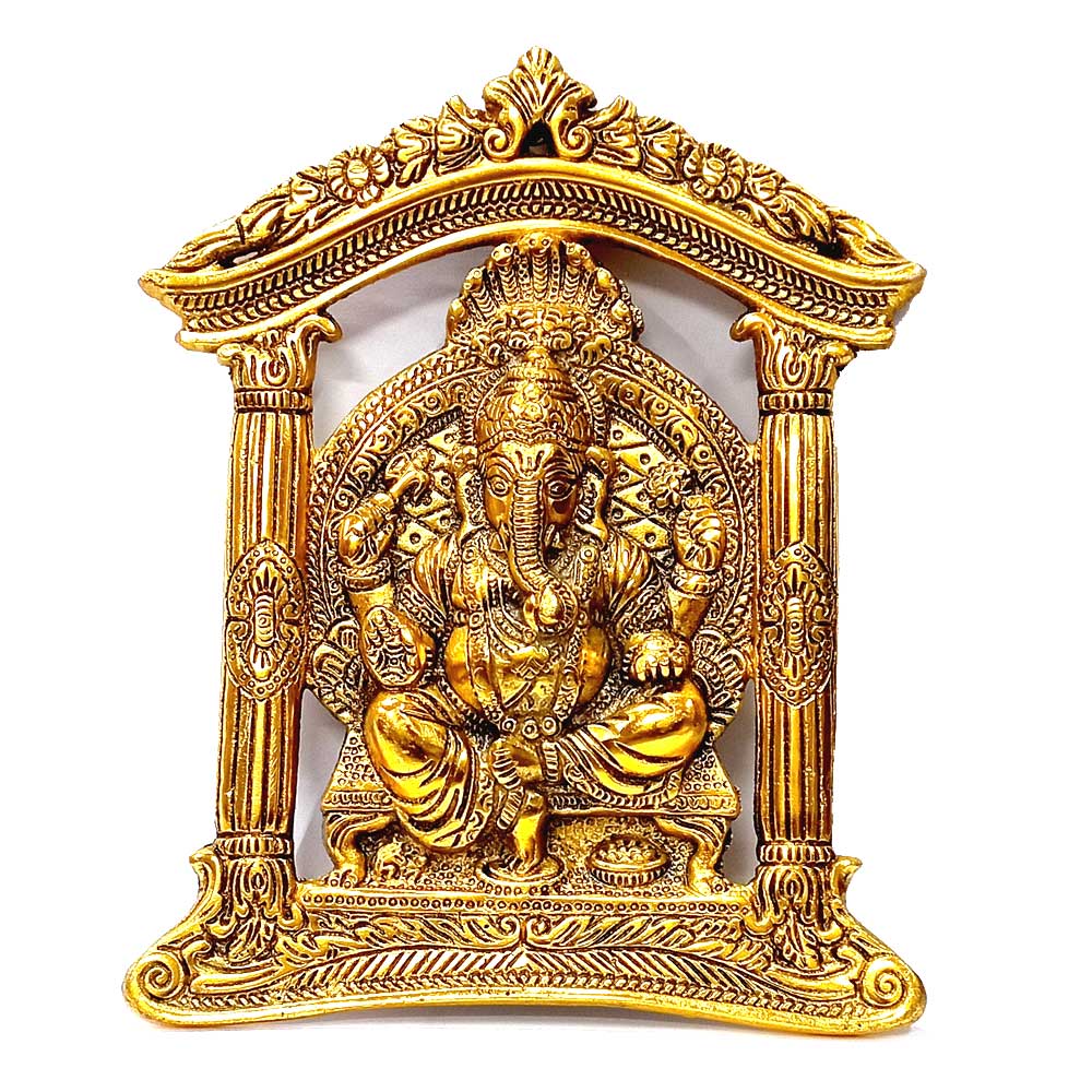 A golden oxidized metal art piece of Lord Ganesha, a spiritual and beautiful wall decoration.