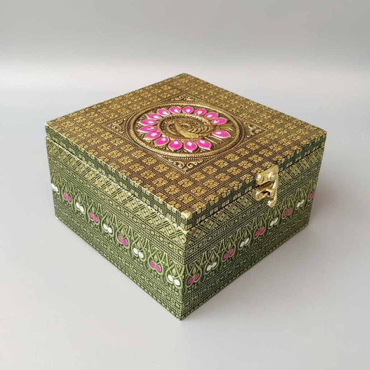 Golden oxidized wooden dry fruit box with floral and peacock motifs