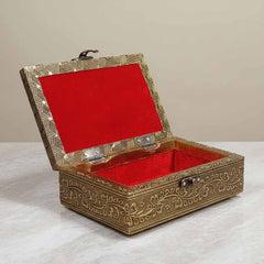Open view showing velvet-lined interior of Radha Krishna golden wooden gift box.