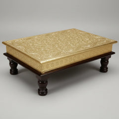 Handcrafted Golden Wooden Pooja Chowki with Dark Brown and Gold finish, 18x12x6 inches.