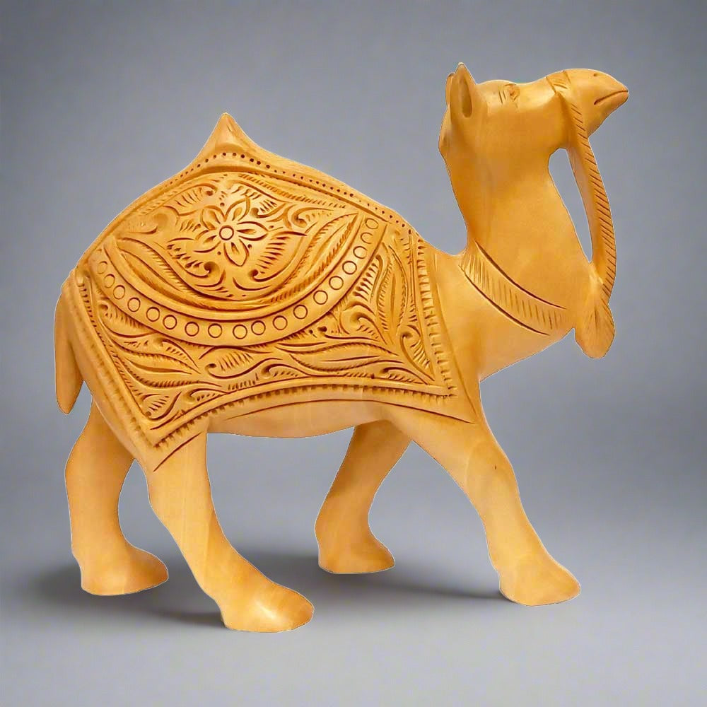 A hand-carved wooden camel, a beautiful example of Rajasthani art.