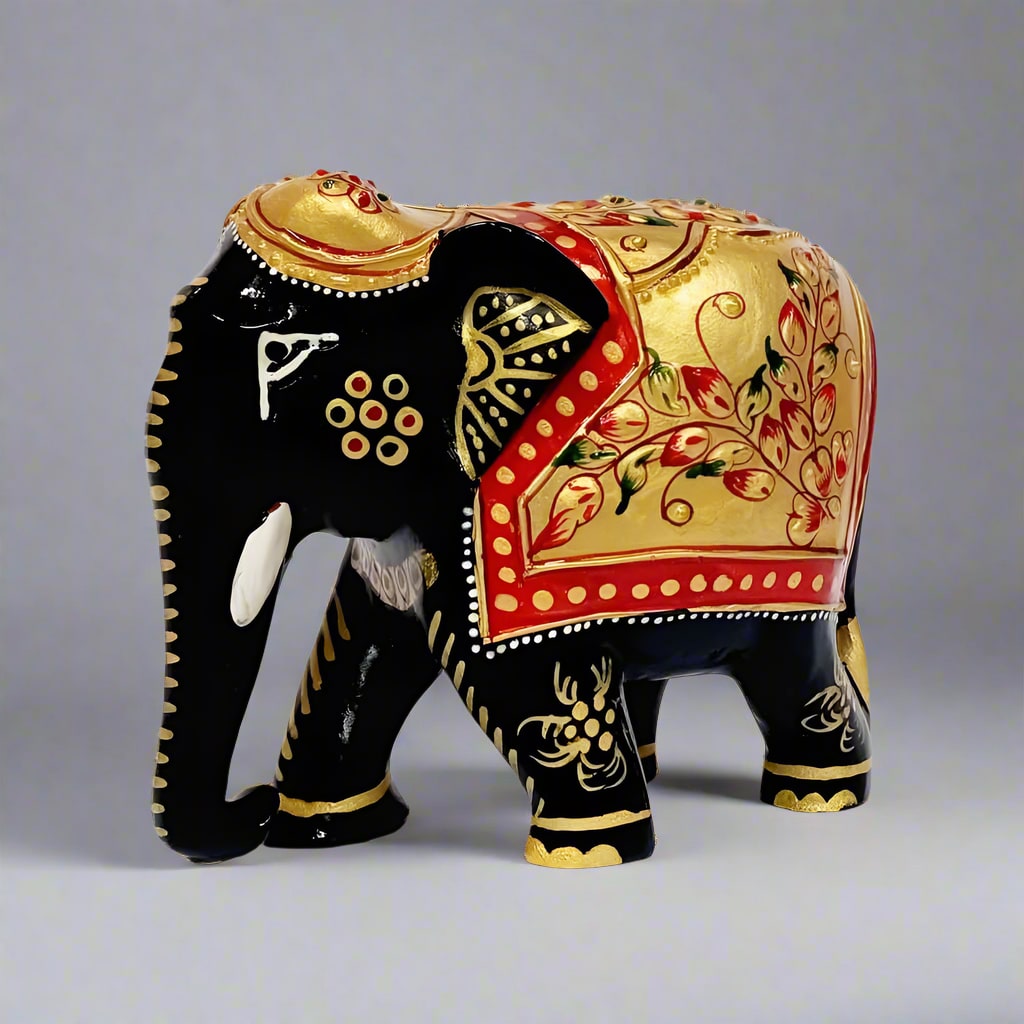 A fine workmanship, hand-carved wooden elephant showpiece with an intricate emboss design.