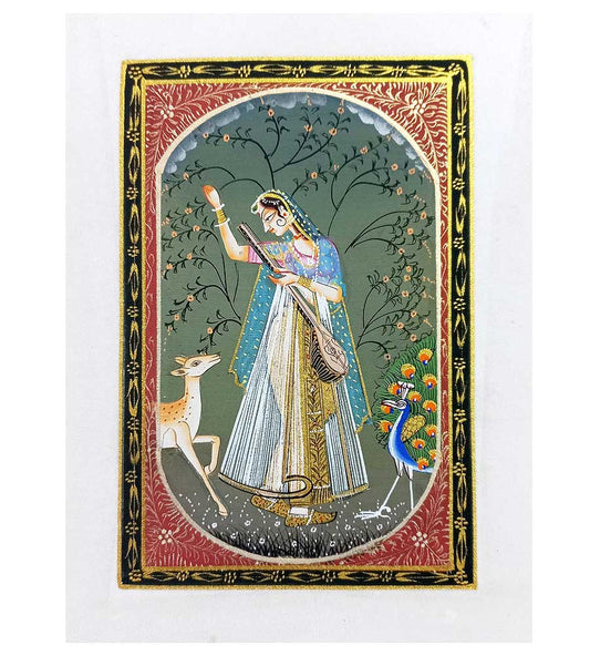 A hand-painted Indian lady miniature painting, showcasing intricate details and vibrant colors.
