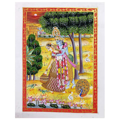 An intricate hand-painted Radha Krishna scene on silk, showcasing detailed craftsmanship.