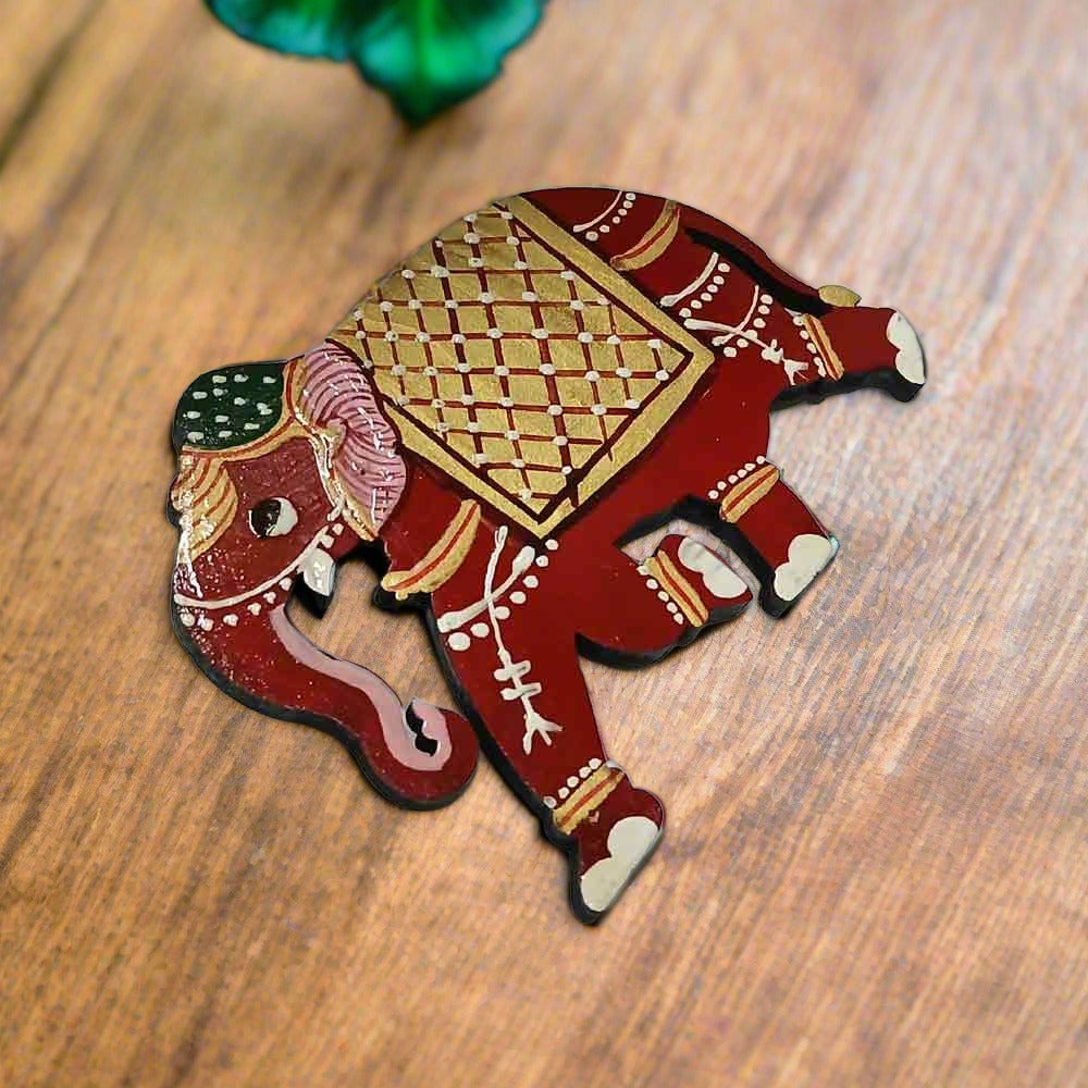 Decorative wooden elephant magnet with traditional artwork, assorted colors