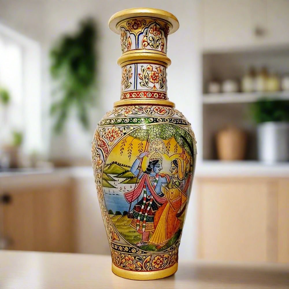 Decorative marble vase featuring Radha Krishna design