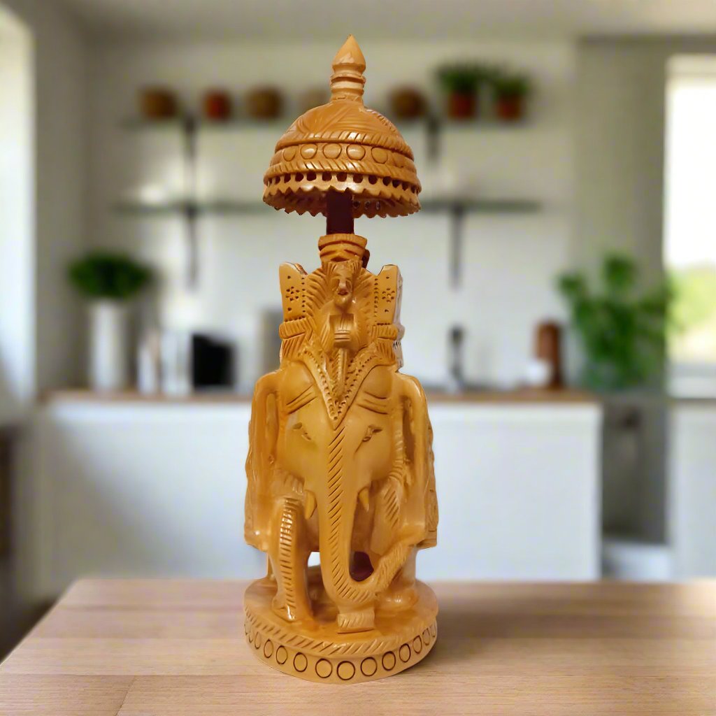 Elegant wooden elephant showpiece with traditional ambabari design