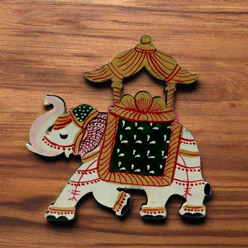 Colorful wooden Ambabari elephant fridge magnet, Indian handicraft