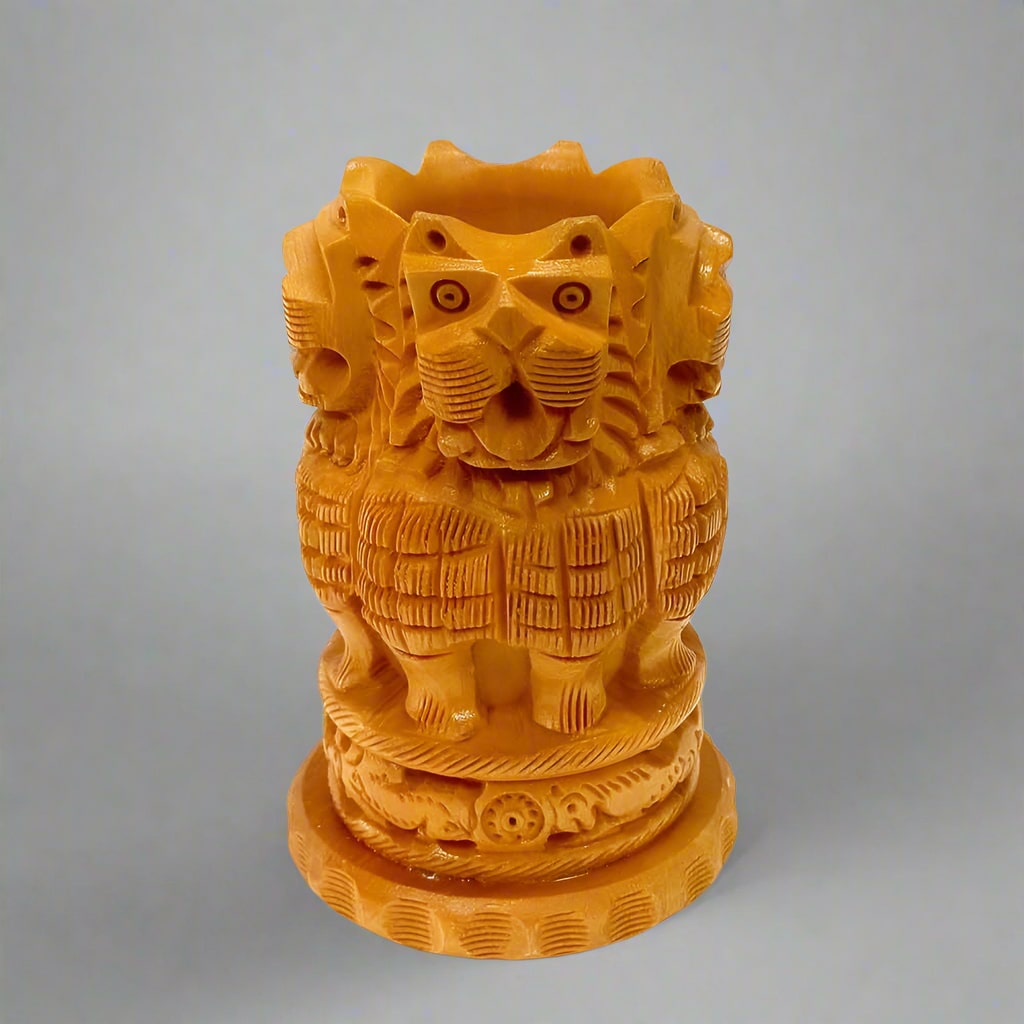 Artisan-made wooden pen holder with Ashoka Pillar motif