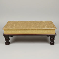 Detailed view of brass work and Rajasthani artisan carving on a wooden Bajot.