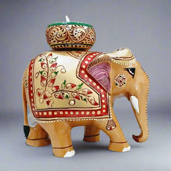 Decorative Wooden Candle Holder Featuring Intricate Elephant and Floral Design