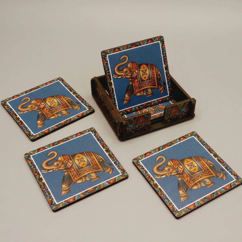 Top-down view of six colorful handcrafted wooden coasters arranged in a circle to show unique designer patterns.