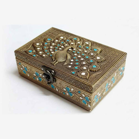 Main image: Dancing peacock motif on handcrafted Jaipur oxidized wooden jewellery organizer