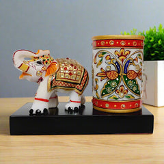 Elegant Marble Pen Stand with Hand-Painted Elephant – 18cm Office Gift