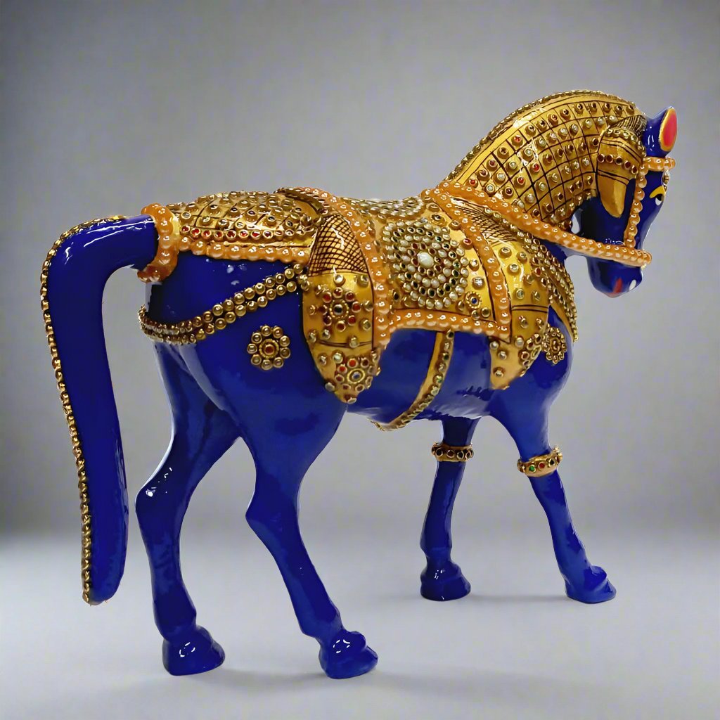Elegant Multicolor Meenakari Painted Horse Statue – Indian Metal Home Decor