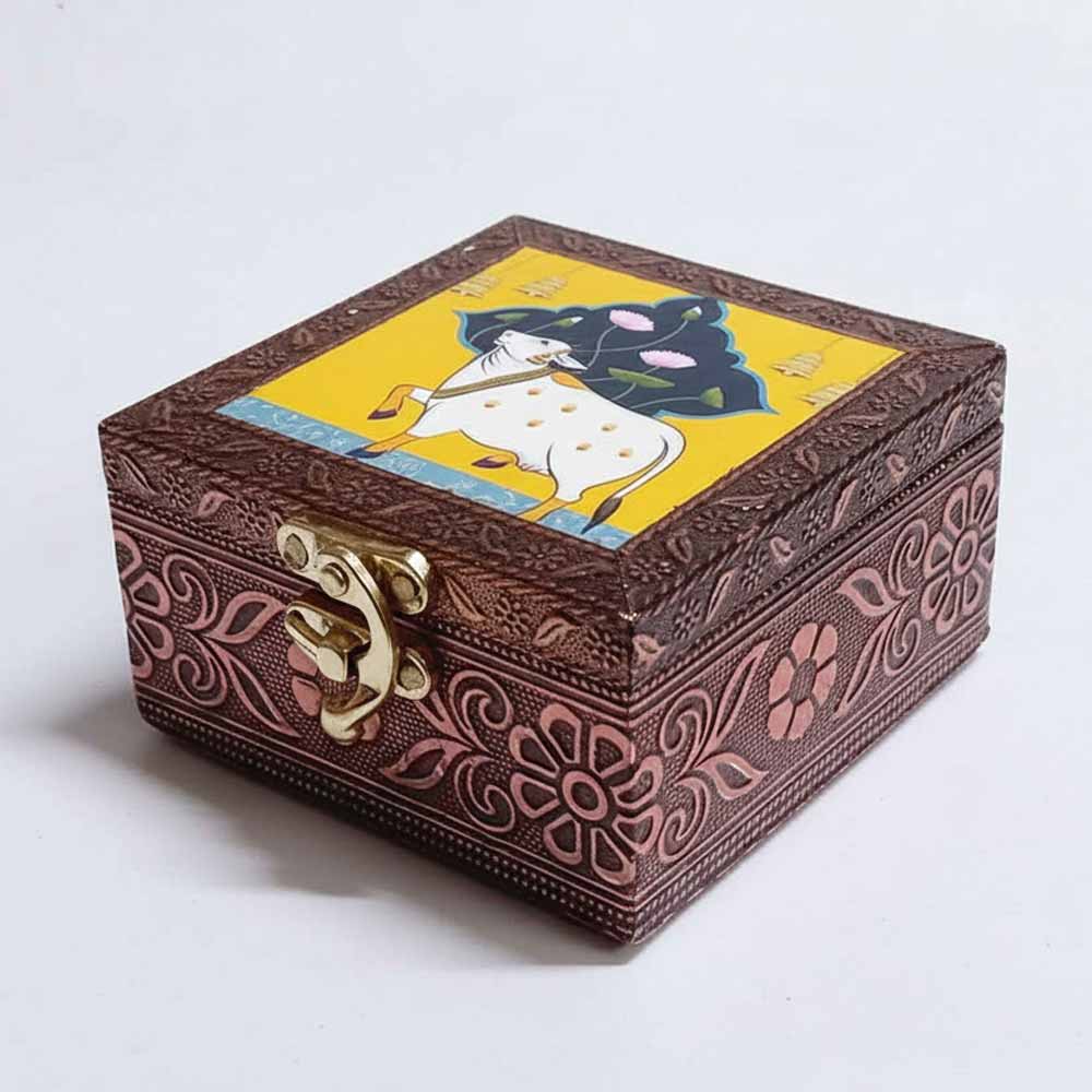 Handcrafted wooden Pichwai jewellery box with copper finish metal sheet – 4x4x2 inch storage
