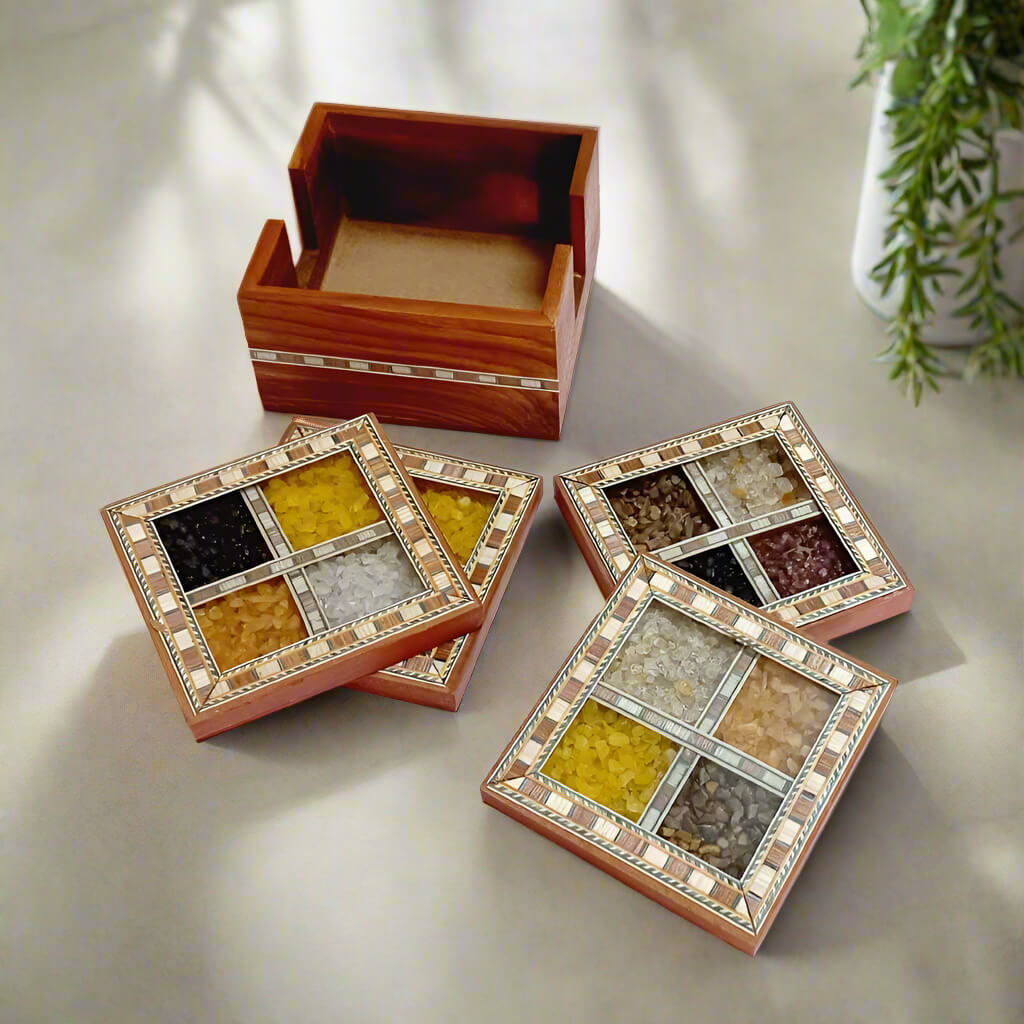 Handcrafted teak wood coasters with stone border design