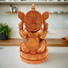 Handcrafted wooden Lotus Ganesh idol, perfect for pooja room and decor.