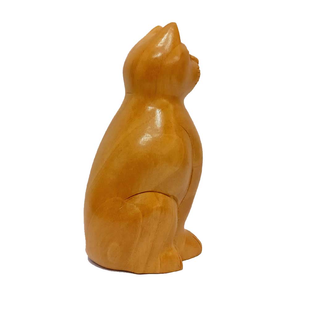 A handcrafted wooden cat showpiece, ideal for a tabletop or a shelf.