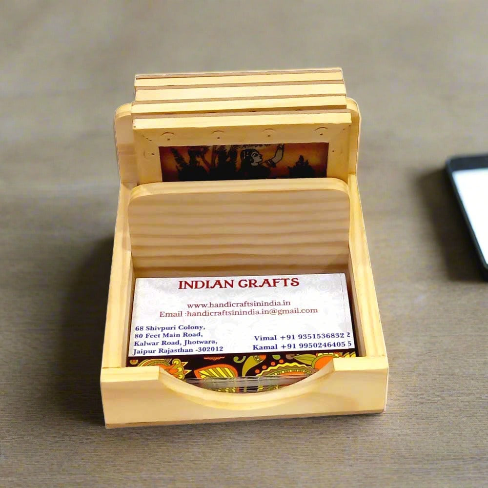 Handcrafted wooden coaster set with carved visiting card holder