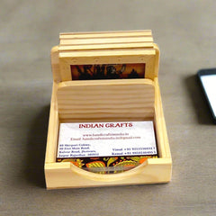 Handcrafted wooden coaster set with carved visiting card holder