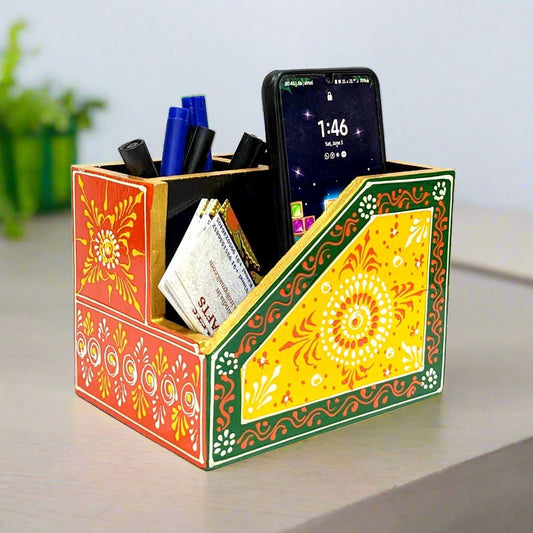 A handcrafted wooden office desk organizer with a stunning hand-painted floral design.