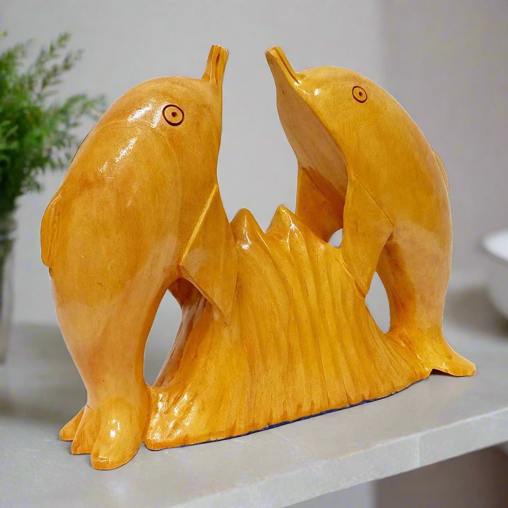 Handcrafted wooden dolphin fish showpiece for home decor and gifting.