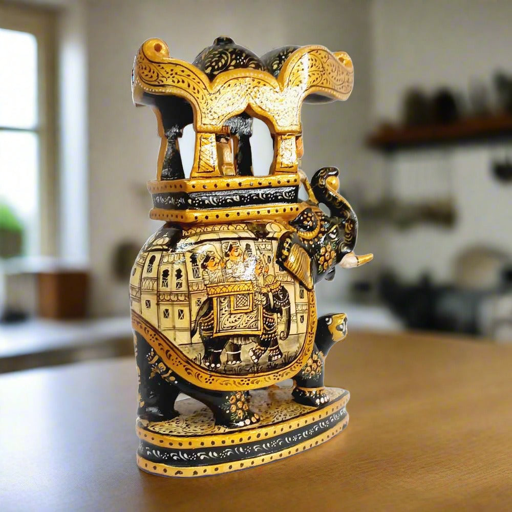 A handcrafted wooden elephant statue reflecting the power and luxury of kings and warriors.
